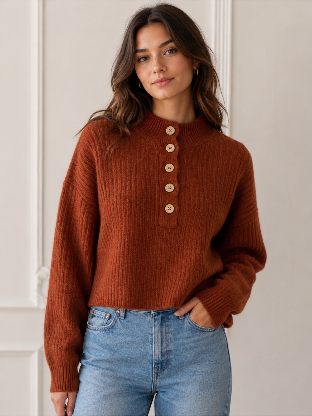 Free People Ribbed Button-Front Crew Sweater - Rust